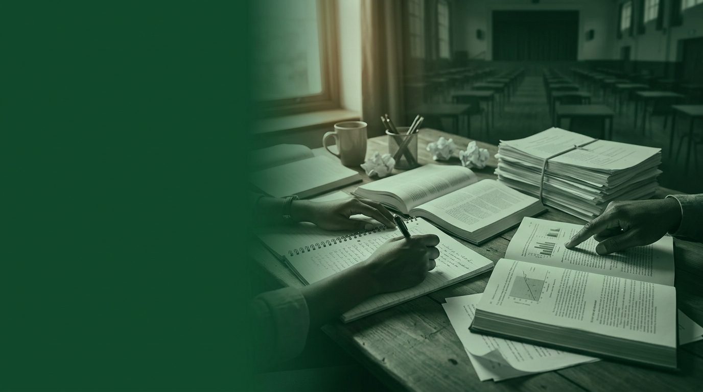 Deux candidats ivoiriens préparant un concours administratif, entourés de livres et d'annales, devant une salle d'examen